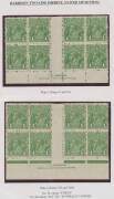 ONE PENNY GREEN: Range on display pages etc with lots of shades & annotated varieties, also Harrison Imprint blocks x6, SMultiple Watermark Perf 13½x12½ No Imprint block of 8 (!!) & Coil Strip of 4 with the Watermark Inverted, perforation errors including - 3