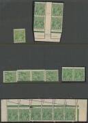 ONE PENNY GREEN: Range on display pages etc with lots of shades & annotated varieties, also Harrison Imprint blocks x6, SMultiple Watermark Perf 13½x12½ No Imprint block of 8 (!!) & Coil Strip of 4 with the Watermark Inverted, perforation errors including - 4