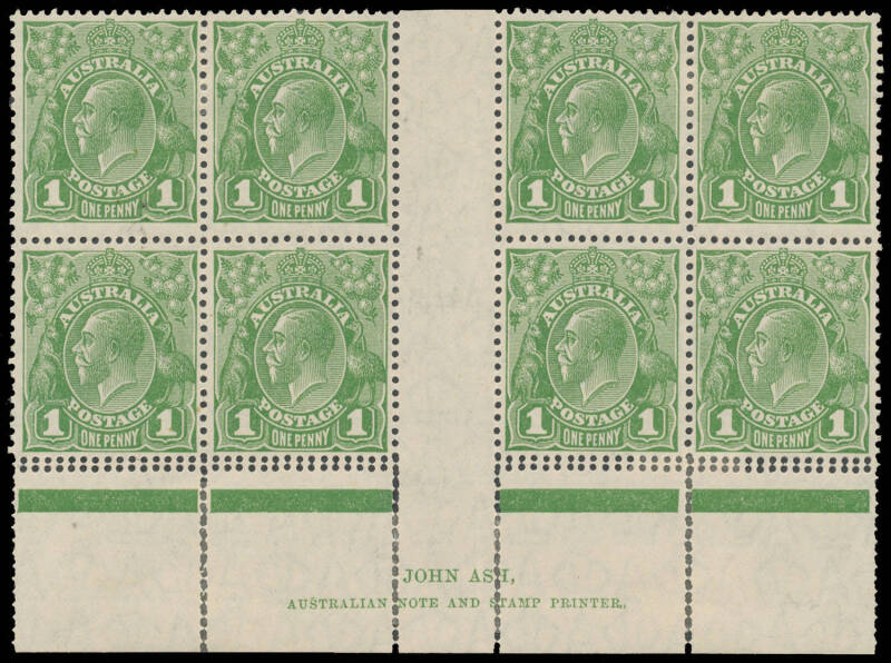 ONE PENNY GREEN: Single-volume annotated collection of mostly blocks with listed varieties, also two Coil Pairs with the Watermark Inverted & corner block of 4 with Double Perfs at the Base, then an extensive study of imprint blocks of 8 - mostly - across