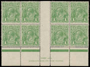 ONE PENNY GREEN: Single-volume annotated collection of mostly blocks with listed varieties, also two Coil Pairs with the Watermark Inverted & corner block of 4 with Double Perfs at the Base, then an extensive study of imprint blocks of 8 - mostly - across