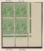 ONE PENNY GREEN: Single-volume annotated collection of mostly blocks with listed varieties, also two Coil Pairs with the Watermark Inverted & corner block of 4 with Double Perfs at the Base, then an extensive study of imprint blocks of 8 - mostly - across - 2