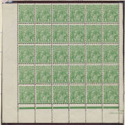 ONE PENNY GREEN: Single-volume annotated collection of mostly blocks with listed varieties, also two Coil Pairs with the Watermark Inverted & corner block of 4 with Double Perfs at the Base, then an extensive study of imprint blocks of 8 - mostly - across - 3