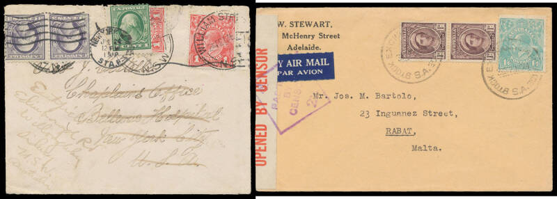 POSTAL HISTORY: Covers to overseas destinations including 1d red x2 on taxed cover to USA, 1d reds on two covers to USA both readdressed to NSW with US postage added, 1½d green x3 on registered cover to Papua, 4d violet on postcard to USA, 2d overprinted