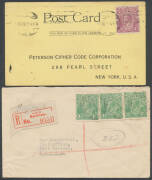 POSTAL HISTORY: Covers to overseas destinations including 1d red x2 on taxed cover to USA, 1d reds on two covers to USA both readdressed to NSW with US postage added, 1½d green x3 on registered cover to Papua, 4d violet on postcard to USA, 2d overprinted - 3