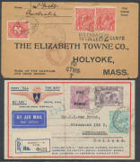 POSTAL HISTORY: Covers to overseas destinations including 1d red x2 on taxed cover to USA, 1d reds on two covers to USA both readdressed to NSW with US postage added, 1&frac12;d green x3 on registered cover to Papua, 4d violet on postcard to USA, 2d overprinted - 4