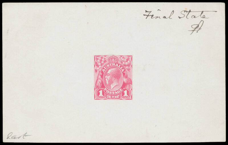 THE PERKINS BACON DIE PROOFS: State 4 with the Emu's Feathers & Neck Re-Engraved, in carmine-rose on highly glazed thin card (126x80mm) endorsed at upper-right "Final State/SB" & at lower-left "last" BW #70DP(14)Ba, Cat $15,000. Ex Perkins Bacon Archives: