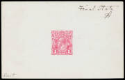 THE PERKINS BACON DIE PROOFS: State 4 with the Emu's Feathers & Neck Re-Engraved, in carmine-rose on highly glazed thin card (126x80mm) endorsed at upper-right "Final State/SB" & at lower-left "last" BW #70DP(14)Ba, Cat $15,000. Ex Perkins Bacon Archives: