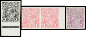 THE PERKINS BACON IMPERFORATE PLATE PROOFS: 1d singles in black (marginal) & dull violet (minor surface abrasions) & a marginal horizontal pair in carmine-rose, Cat $1400.