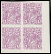 THE PERKINS BACON IMPERFORATE PLATE PROOFS: Block of 4 in dull violet from the lower-right corner of Pane VII [53-54/59-60] BW #70PP(2)F with Scratch behind Emu (concealed damage at upper-right). [54] was later retouched - the Ferns variety - & [60] devel