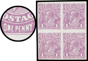 THE PERKINS BACON IMPERFORATE PLATE PROOFS: Block of 4 in dull violet from Pane VIII [14-15/20-21] BW #70PP(2)F the first unit with Defective 'ONE PENNY' (later retouched to create the Thin 'ONE PENNY' variety), the last unit with a fault at lower-right.