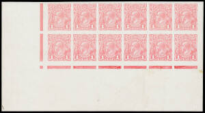 THE PERKINS BACON IMPERFORATE PLATE PROOFS: Plate 2 1d No Monogram block of 12 (6x2) in carmine-rose BW #70PP(2)C from the base of Pane III [49-54/55-60], enormous sheet margins, Cat $3600++. A marvellous proof. [NB: the Jubilee Lines at the base appear t