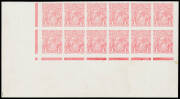 THE PERKINS BACON IMPERFORATE PLATE PROOFS: Plate 2 1d No Monogram block of 12 (6x2) in carmine-rose BW #70PP(2)C from the base of Pane III [49-54/55-60], enormous sheet margins, Cat $3600++. A marvellous proof. [NB: the Jubilee Lines at the base appear t