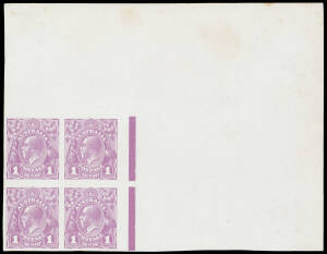 THE PERKINS BACON IMPERFORATE PLATE PROOFS: Plate 4 1d block of 4 in dull violet BW #70PP(2)E from the upper-right corner of Pane VIII [5-6/11-12], humungous sheet margins, Cat $1700+.