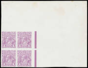 THE PERKINS BACON IMPERFORATE PLATE PROOFS: Plate 4 1d block of 4 in dull violet BW #70PP(2)E from the upper-right corner of Pane VIII [5-6/11-12], humungous sheet margins, Cat $1700+.