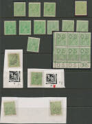 HALFPENNY GREEN COMB PERF: Selection of shades, a few annotated varieties (used), pair with Jumped Perfs at the Base with ridiculous RPSofL Certificate stating "...Imperf at Base...is Genuine" (that doesn't even mention the significant closed tear on the - 3