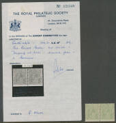 HALFPENNY GREEN COMB PERF: Selection of shades, a few annotated varieties (used), pair with Jumped Perfs at the Base with ridiculous RPSofL Certificate stating "...Imperf at Base...is Genuine" (that doesn't even mention the significant closed tear on the - 4