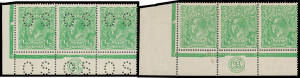 HALFPENNY GREEN COMB PERF: Electro 1 'JBC' Monogram strip of 3 BW #63(1)z, minor blemishes, Cat $850; and a second similar but very fine strip perf 'OS', Cat $850+ (the ACSC states that varieties perf 'OS' are priced at double the normal prices).