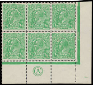 HALFPENNY GREEN COMB PERF: Electro 2 'CA' Monogram block of 6 (3x2) BW #63(2)zb, minor bends, the monogram strip of 3 is unmounted, Cat $750 (mounted).