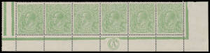 HALFPENNY GREEN COMB PERF: Electro 4 'CA' Monogram strip of 6 BW #63(4)zb, the first two units with White Spot in Right-Hand Value Tablet and White Spot between 'T' & 'A' of 'POSTAGE' #63(4)r & s, lightly mounted, Cat $800+.