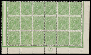 HALFPENNY GREEN COMB PERF: Electro 4 Watermark Inverted 'CA' Monogram block of 18 (6x3) BW #63a(4)zb with White Spot in Right-Hand Value Tablet and White Spot between 'T' & 'A' of 'POSTAGE' #63(4)r & s, unmounted, Cat $1350 as singles + a large premium fo