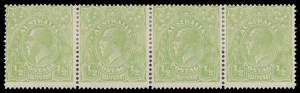 HALFPENNY GREEN COMB PERF: Electro 6 in Very Yellow ("Cyprus") Green horizontal strip of 4 with Retouched Shading behind King's Head and Headless Emu Retouch BW #63Hf & g, reinforced perfs, Cat $240+++.