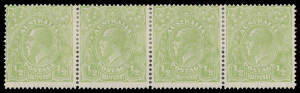 HALFPENNY GREEN COMB PERF: Electro 6 in Very Yellow ("Cyprus") Green horizontal strip of 4 with Retouched Shading behind King's Head and Headless Emu Retouch BW #63Hf & g, reinforced perfs, Cat $240+++.