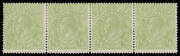 HALFPENNY GREEN COMB PERF: Electro 6 in Very Yellow ("Cyprus") Green horizontal strip of 4 with Retouched Shading behind King's Head and Headless Emu Retouch BW #63Hf & g, reinforced perfs, Cat $240+++.