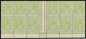 HALFPENNY GREEN COMB PERF: Electro 6 in Very Yellow ("Cyprus") Green TS Harrison Two-Line Imprint (Stop after 'PRINTER.') block of 12 (6x2) BW #63H(6)za, significant separation - including to left of the gutter, & to lower-right of the gutter - and rejoin