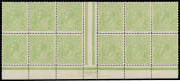HALFPENNY GREEN COMB PERF: Electro 6 in Very Yellow ("Cyprus") Green TS Harrison Two-Line Imprint (Stop after 'PRINTER.') block of 12 (6x2) BW #63H(6)za, significant separation - including to left of the gutter, & to lower-right of the gutter - and rejoin