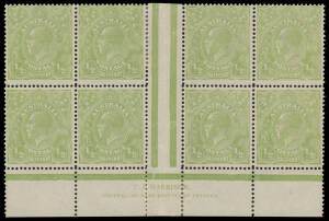 HALFPENNY GREEN COMB PERF: Electro 6 "Cyprus" green TS Harrison Two-Line Imprint ('Stop after 'PRINTER.') block of 8 BW #63H(6)za with Retouches to Neckless Emu [L53] & Crack through King's Ear [L54] #63(6)h & i, minor perf separation/rejoining, Cat $12,5