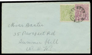 HALFPENNY GREEN COMB PERF: ½d very yellow ("Cyprus") green BW #63H - exceptional centring - & 1d violet tied to commercial cover by 'PEELWOOD/1922/NO12/NSW' cds, Cat $1750 on cover.