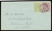 HALFPENNY GREEN COMB PERF: &frac12;d very yellow ("Cyprus") green BW #63H - exceptional centring - & 1d violet tied to commercial cover by 'PEELWOOD/1922/NO12/NSW' cds, Cat $1750 on cover.