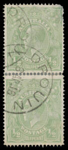 HALFPENNY GREEN SINGLE-LINE PERF: &frac12;d pale green BW #64B (SG 20a) vertical pair, partly separated/rejoined & the upper unit with a fault at upper-right, 'DROUIN/8AP16/VIC' cds, Cat $2000+ (&pound;1100+). Michael Drury Certificate (2015).