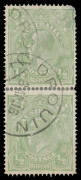 HALFPENNY GREEN SINGLE-LINE PERF: &frac12;d pale green BW #64B (SG 20a) vertical pair, partly separated/rejoined & the upper unit with a fault at upper-right, 'DROUIN/8AP16/VIC' cds, Cat $2000+ (&pound;1100+). Michael Drury Certificate (2015).