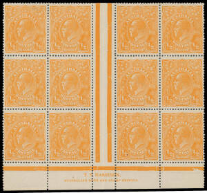 HALFPENNY ORANGE: Electro 6 Watermark Inverted TS Harrison Imprint block of 12 (4x3) with Retouch to King's Ear and Eight Wattles at Right BW #66(6)z, the eight lower units are unmounted, Cat $370+ (mounted),