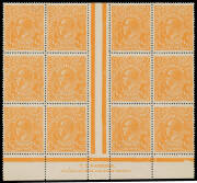 HALFPENNY ORANGE: Electro 6 Watermark Inverted TS Harrison Imprint block of 12 (4x3) with Retouch to King's Ear and Eight Wattles at Right BW #66(6)z, the eight lower units are unmounted, Cat $370+ (mounted),