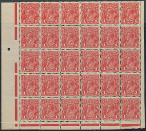 ONE PENNY RED SINGLE-LINE PERF: Plate 2 No Monogram block of 30 [L31-36/55-60] BW #70(2)z also with Four Breaks in Shading Lines, and White Line below Right-Hand Value Tablet #70(2)g & h plus unlisted Frame Break in Oval above 'US' of 'AUSTRALIA', well c