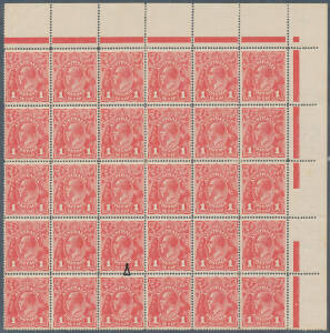 ONE PENNY RED SINGLE-LINE PERF: Plate 3 upper-right corner block of 30 (6x5) with Dot before '1' at Right [VI21] BW #70(3)f, well centred, a little aged & some perf separation/rejoining, Cat $1475++.
