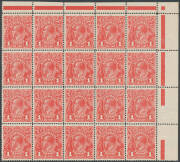 ONE PENNY RED SINGLE-LINE PERF: Plate 3 corner block of 20 [2-6/20-24], the second unit in the last row with Dot before '1' at Right BW #70(3)f, well centred, unmounted, Cat $1225++ (mounted). - 2