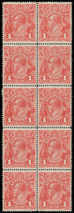 ONE PENNY RED SINGLE-LINE PERF: Plate 4 block of 10 [1-2/25-26] with Thin 'ONE PENNY' [14] BW #70(4)L and Break at Lower-Left Corner [13, before appearance of Distorted 'ONE PENNY'], well centred, five units are unmounted, Cat $1000+.