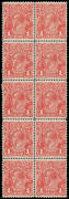 ONE PENNY RED SINGLE-LINE PERF: Plate 4 block of 10 [1-2/25-26] with Thin 'ONE PENNY' [14] BW #70(4)L and Break at Lower-Left Corner [13, before appearance of Distorted 'ONE PENNY'], well centred, five units are unmounted, Cat $1000+.