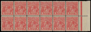 ONE PENNY RED SINGLE-LINE PERF: Plate 4 block of 12 [13-18/19-24], the first two units Distorted 'ONE PENNY' and Thin 'ONE PENNY' BW #70(4)k & L, well centred, unmounted, Cat $1750++ (mounted).