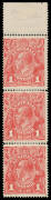 ONE PENNY RED SINGLE-LINE PERF: Plate 4 Thin 'ONE PENNY' BW #70(4)L being the last unit in a vertical strip of 3 [2/8/14], perfs reinforced, also the same variety with WA cds of 28SE14 clear of the variety, Cat $800+ & $250. Separate Michael Drury Certif