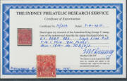 ONE PENNY RED SINGLE-LINE PERF: Plate 4 Thin 'ONE PENNY' BW #70(4)L being the last unit in a vertical strip of 3 [2/8/14], perfs reinforced, also the same variety with WA cds of 28SE14 clear of the variety, Cat $800+ & $250. Separate Michael Drury Certif - 3