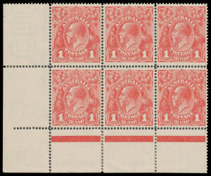 ONE PENNY RED SINGLE-LINE PERF: Plate 4 lower-left corner No Monogram block of 6 (3x2) BW #70(4)z, very well centred, Cat $3500.