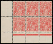 ONE PENNY RED SINGLE-LINE PERF: Plate 4 lower-left corner No Monogram block of 6 (3x2) BW #70(4)z, very well centred, Cat $3500.