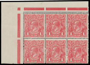 ONE PENNY RED COMB PERF SMOOTH PAPER: Upper-left corner block of 6 (3x2) with Double Perforations at Top BW #71ba, unmounted, Cat $1500+.