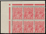 ONE PENNY RED COMB PERF SMOOTH PAPER: Upper-left corner block of 6 (3x2) with Double Perforations at Top BW #71ba, unmounted, Cat $1500+.