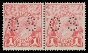 ONE PENNY RED COMB PERF SMOOTH PAPER: 1d carmine-red Dry Ink BW #71Aca punctured 'OS' horizontal pair, Cat $700+.
