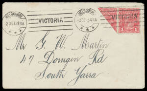 ONE PENNY RED COMB PERF SMOOTH PAPER: Pair with the left-hand unit Bisected Diagonally tied to an apparently commercial cover by Melbourne machine cancellation of 2DE18. [The ½d War Tax was introduced on 28.10.1918. No bisects were authorised but many peo